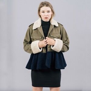 Harvey Faircloth Olive Green Wool Blend Peplum Utility Jacket Shearling Collar S